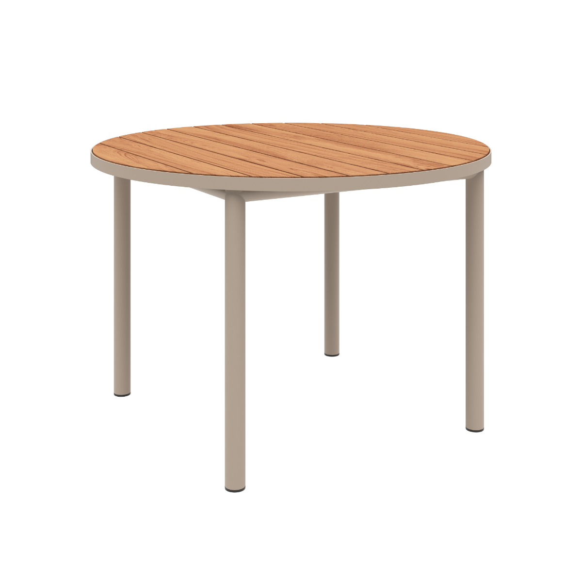 Kirra Dining Table Ø110 i taupe pulverlakkert aluminium med ubehandlet teakplate, rundt utendørsbord.
