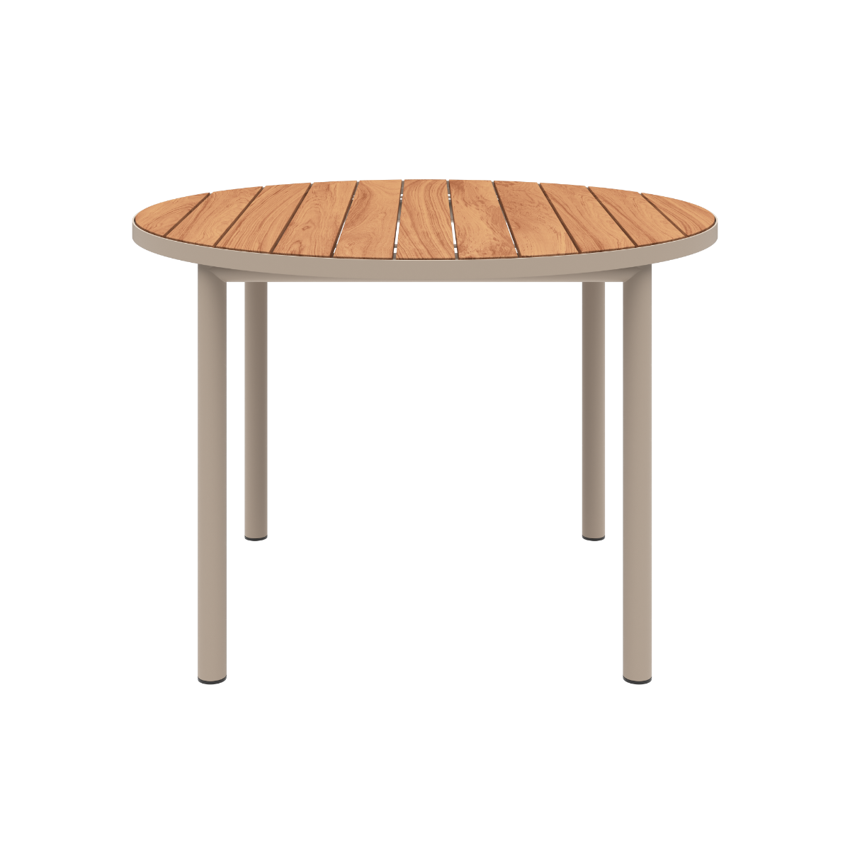 Kirra Dining Table Ø110 i taupe pulverlakkert aluminium med ubehandlet teakplate, rundt utendørs spisebord.