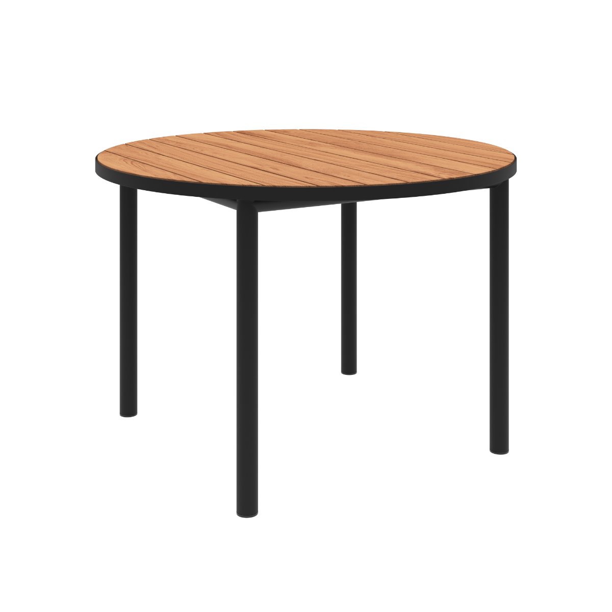 Kirra Dining Table Ø110 utendørs spisebord i pulverlakkert aluminium og ubehandlet teak med rund form.