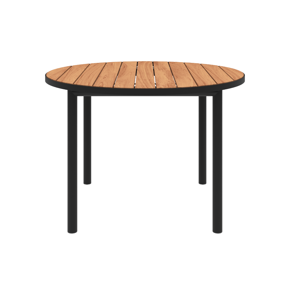 Kirra Dining Table Ø110 utendørs spisebord i svart pulverlakkert aluminium med teakbordplate.