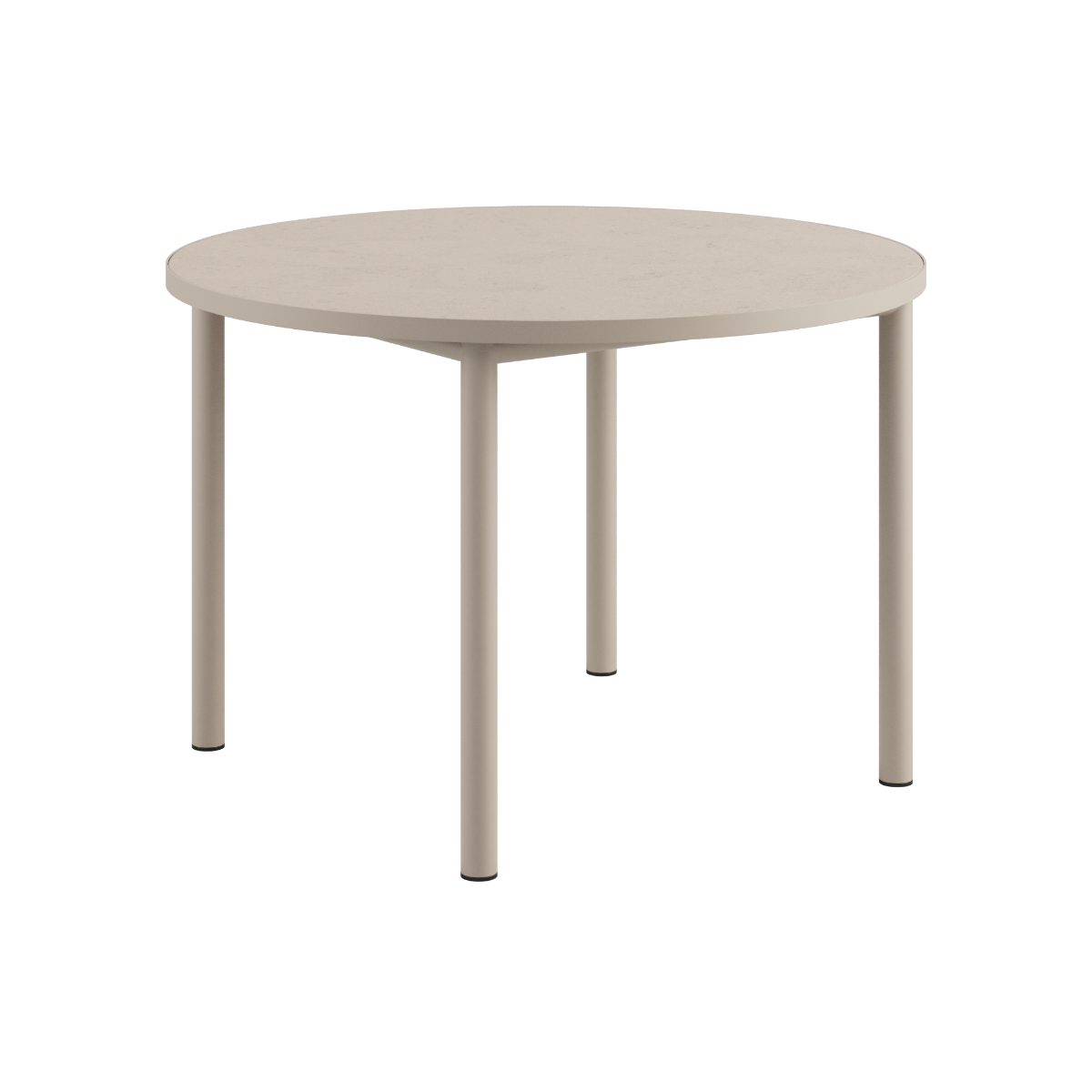 Rundt utendørs spisebord med keramisk bordplate og pulverlakkert aluminiumsramme, diameter 110 cm.