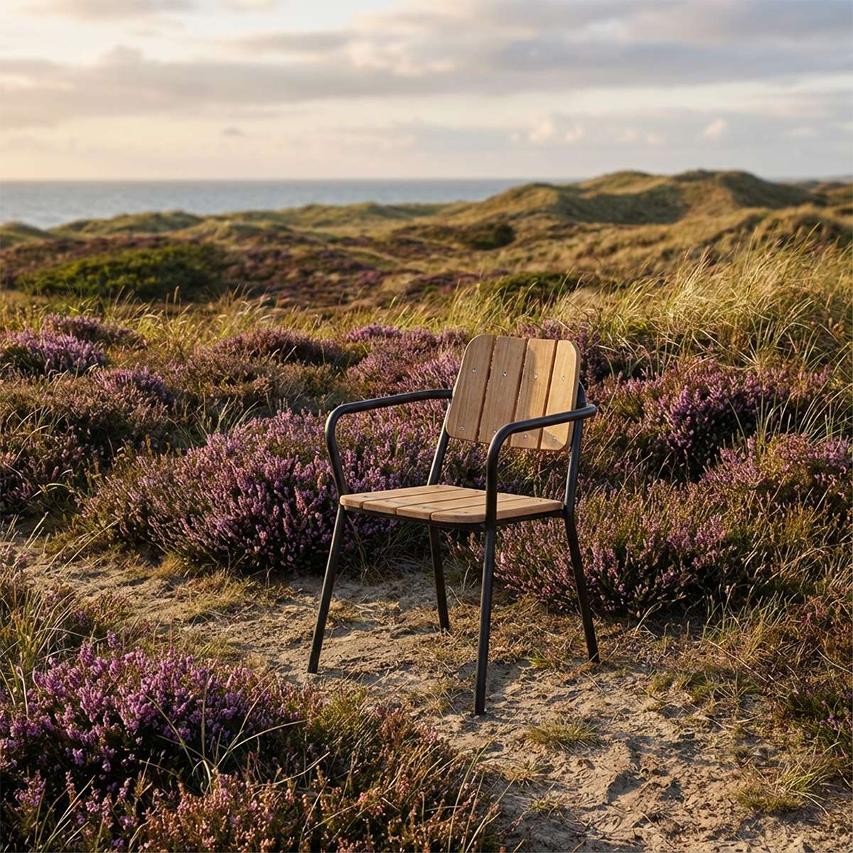 Kirra hagestol i teak og pulverlakkert aluminium omgitt av lyng og gress i et kystlandskap med hav i bakgrunnen fra sackit Norway