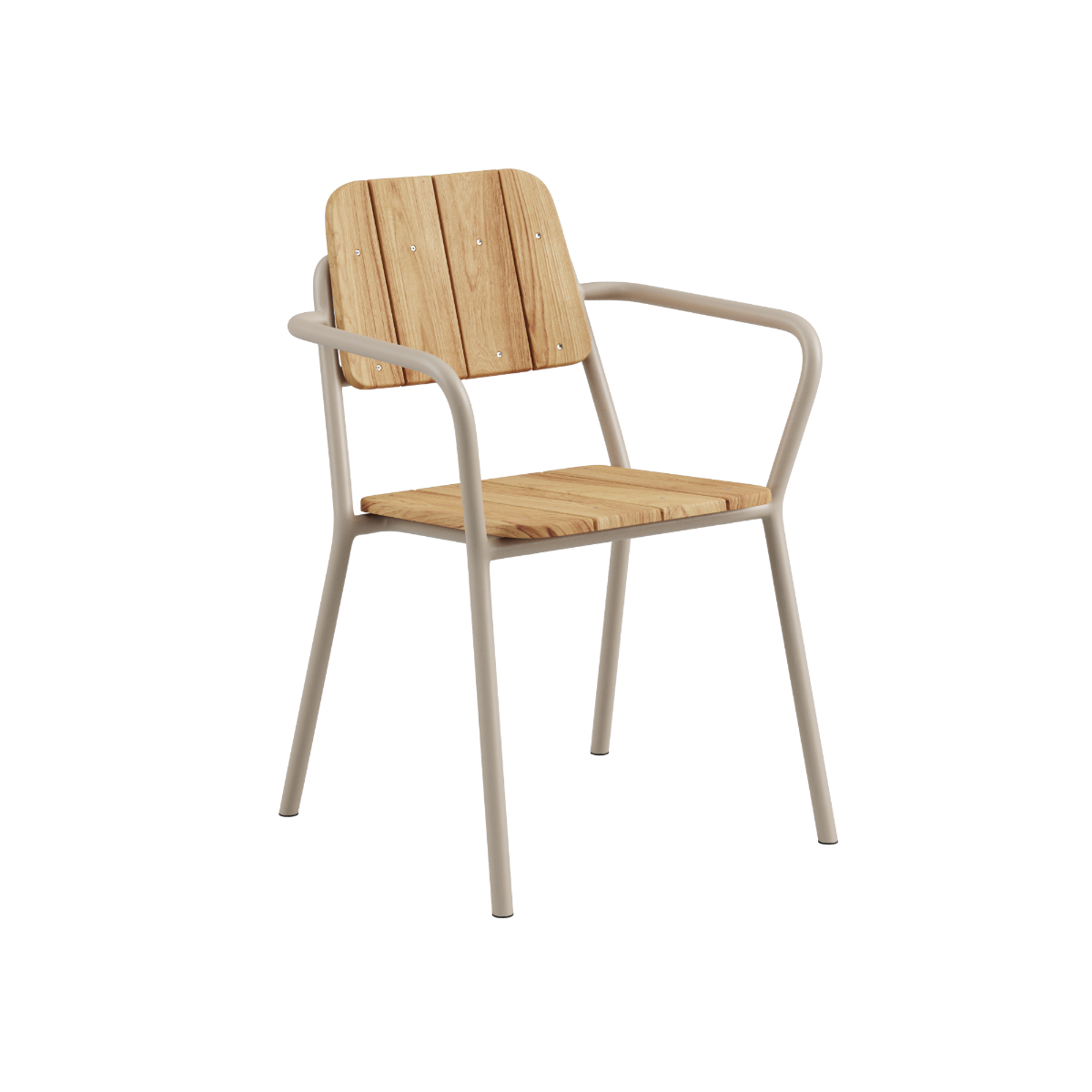 Kirra Patio Chair i taupe med pulverlakkert aluminium og ubehandlet teaktre, utendørs hagestol.