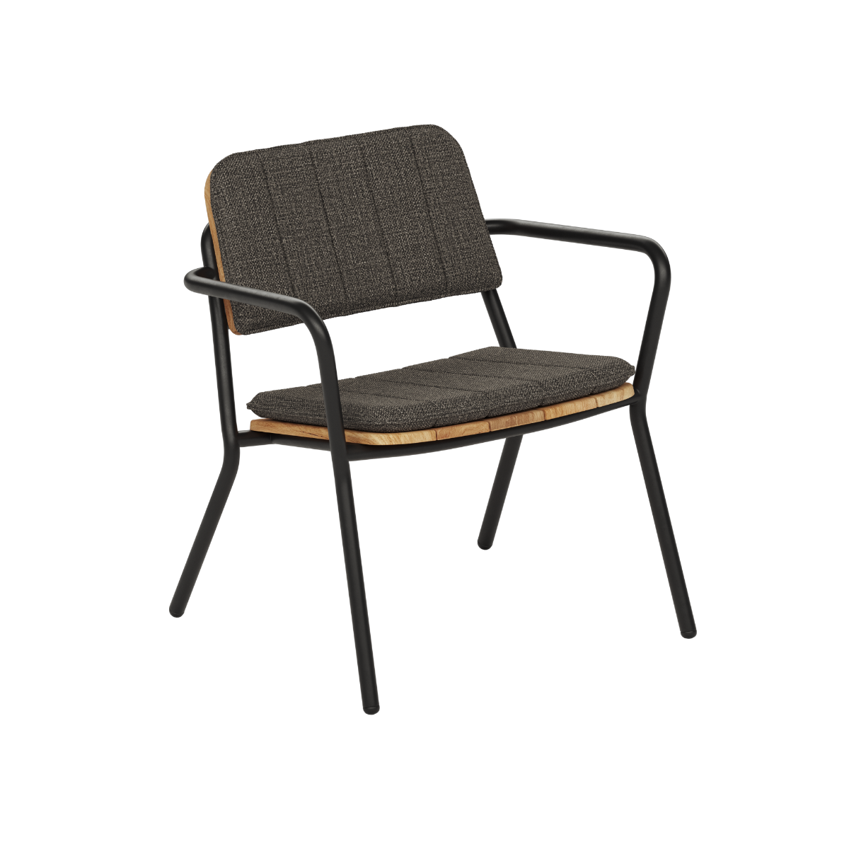 Mørk Kirra loungestol med ryggpute og sittepute i tekstil samt armlener og sort metallramme fra sackit