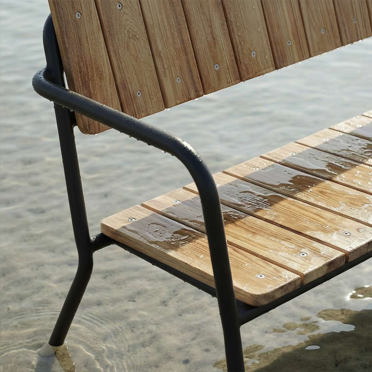 Kirra Patio Bench i pulverlakkert aluminium og ubehandlet teak i fargen Noir, utendørs benk.