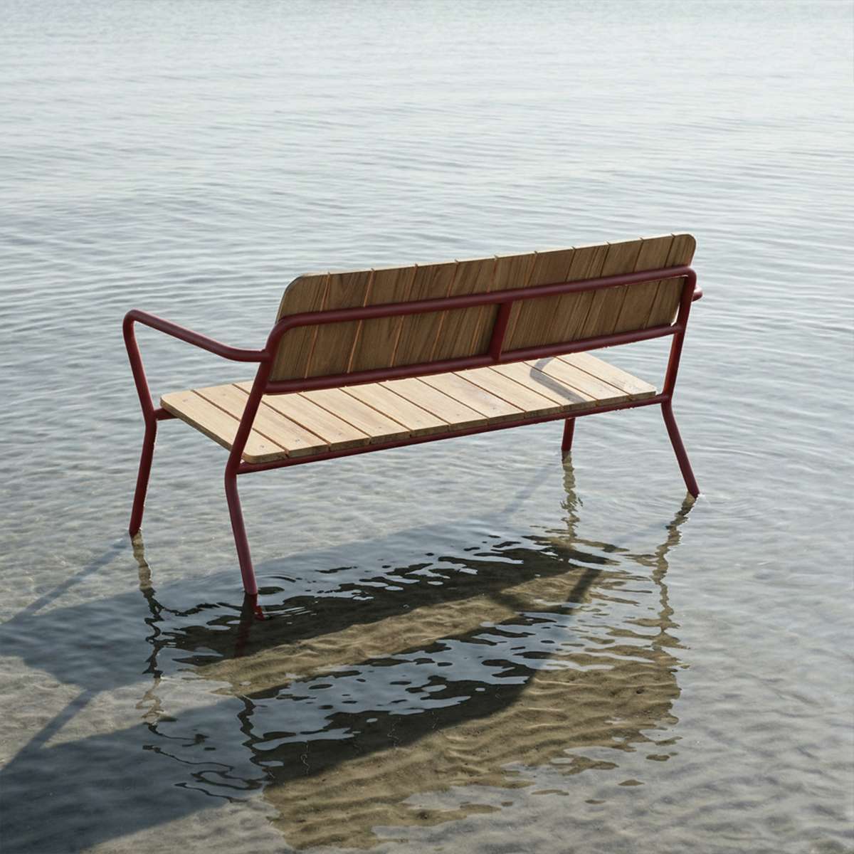 Kirra Patio Bench i chestnut farget pulverlakkert aluminium og ubehandlet teak, utendørs benk.