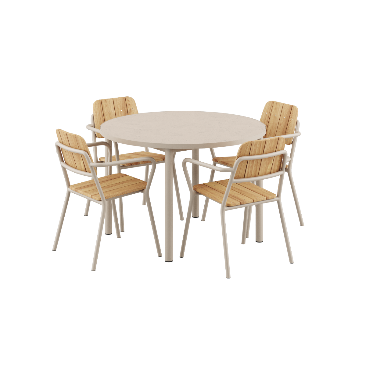 Kirra Dining Table O110 ceramic with four Kirra Patio Chairs in taupe outdoor setting