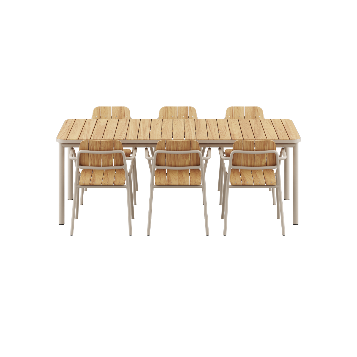 Kirra Dining Table 210x90 cm med 6 Kirra Patio stoler i taupe farge, utendørs spisebordsett i aluminium og teak.