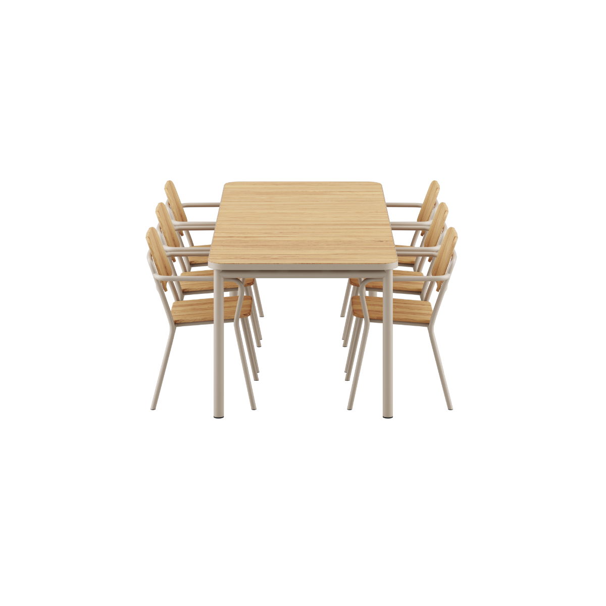 Kirra Dining Table 210x90 med 6 Kirra Patio Chair i taupe farge, utendørs spisebord og stoler.