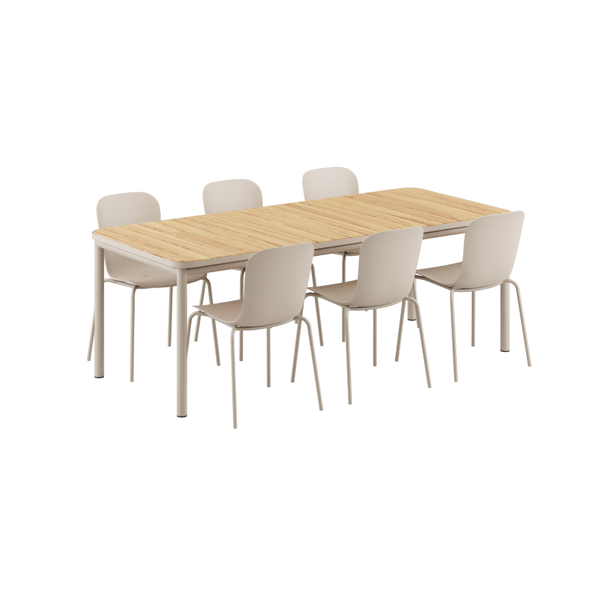 Kirra Dining Table taupe med 6 Patio Chair no. One S1 i matching taupe farge, utendørs spisebordsett.