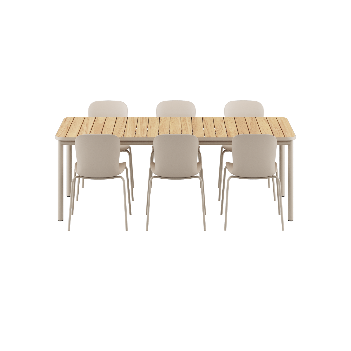 Kirra Dining Table taupe med seks Patio Chair no. One S2 stoler i matchende taupe farge.
