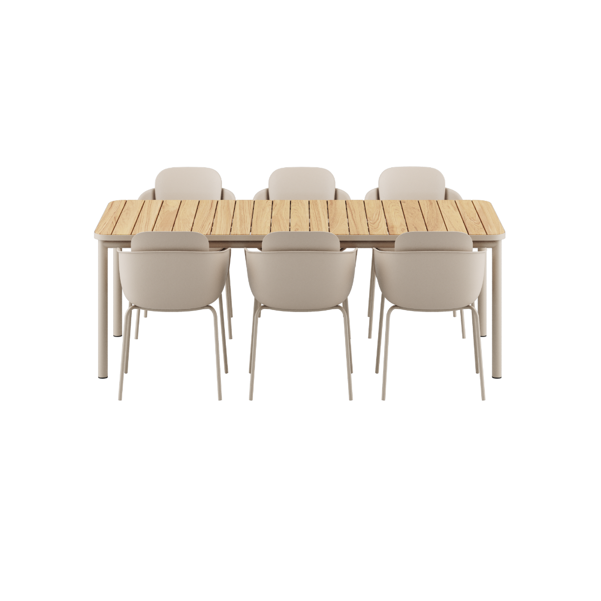 Kirra Dining Table taupe med 6 Patio Chair no. One S2 i matchende taupe farge, utendørs spisebordsett