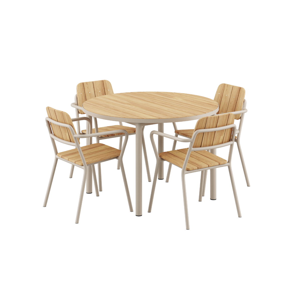 Kirra Dining Table Ø110 with four Taupe Kirra Patio Chairs in outdoor setting.
