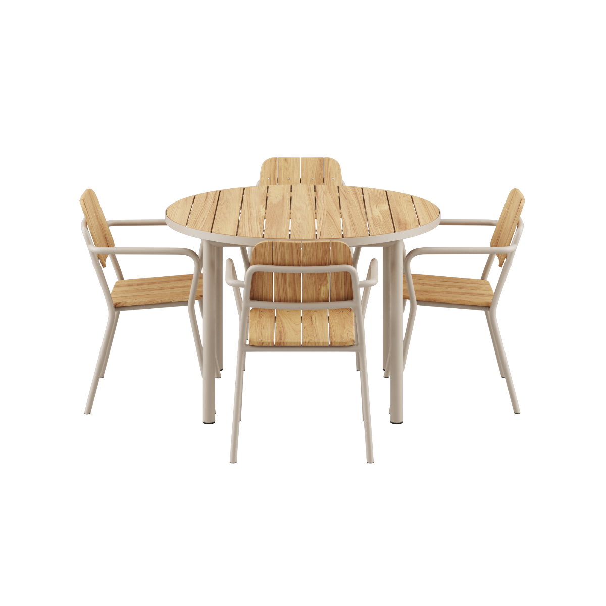 Taupe Kirra Dining Table Ø110 with four matching Kirra Patio Chairs in outdoor setting.