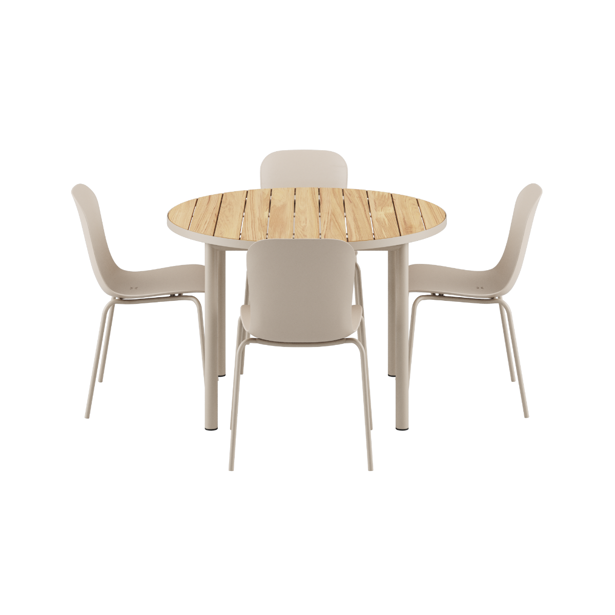 Kirra Dining Table Ø110 taupe med 4 Patio Chair no. One S2 i taupe, utendørs spisebordsett.