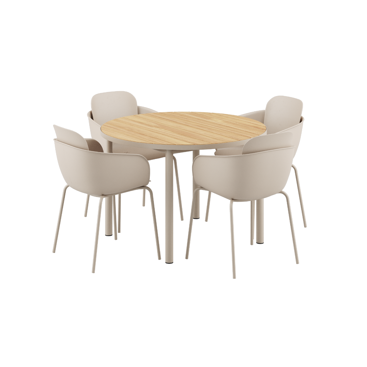 Rundt Kirra spisebord Ø110 i taupe med fire Patio Chair no. One S2 stoler i taupe.
