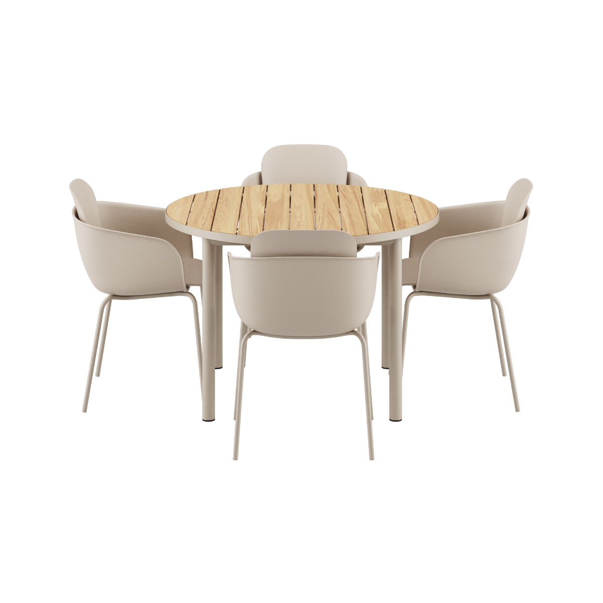 Rundt Kirra Dining Table Ø110 i taupe med fire Patio Chair no. One S2 stoler i taupe utendørs.