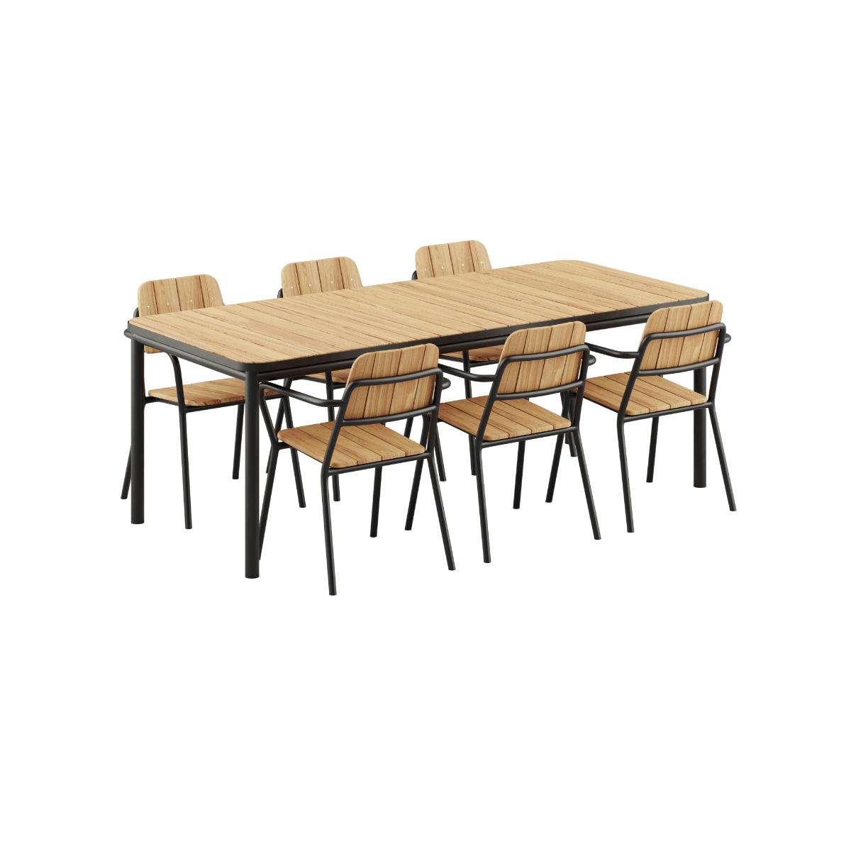 Kirra Dining Table 210x90 med 6 Kirra Patio Chairs i svart, utendørs spisebord og stoler i aluminium og teak