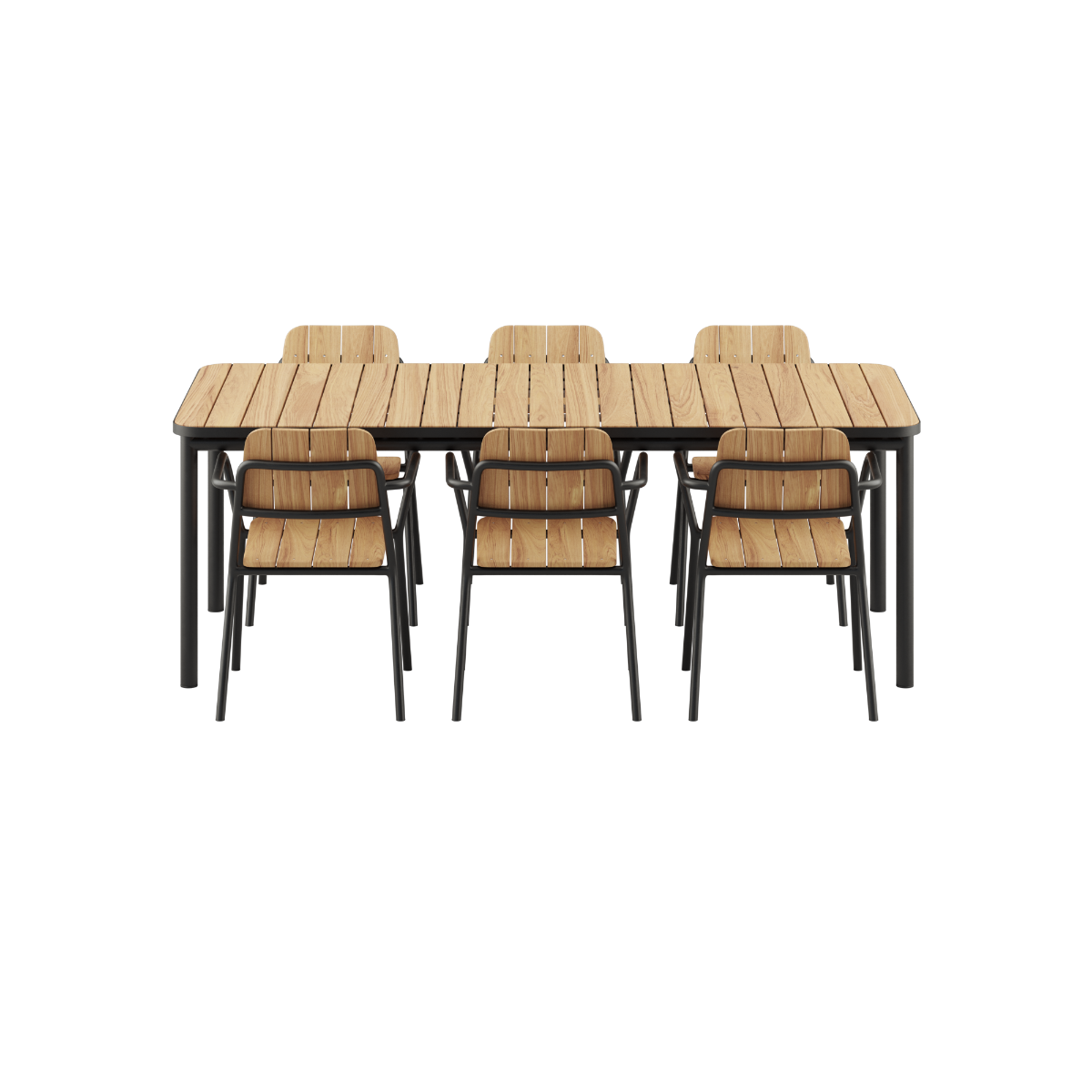 Kirra Dining Table 210x90 cm med 6 Kirra Patio Chairs i svart pulverlakkert aluminium og teak.