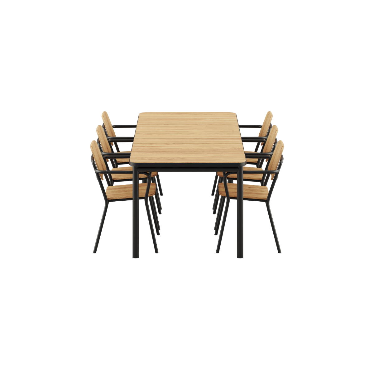 Kirra Dining Table 210x90 cm i pulverlakkert aluminium med Noir Kirra Patio Chair i samme farge.