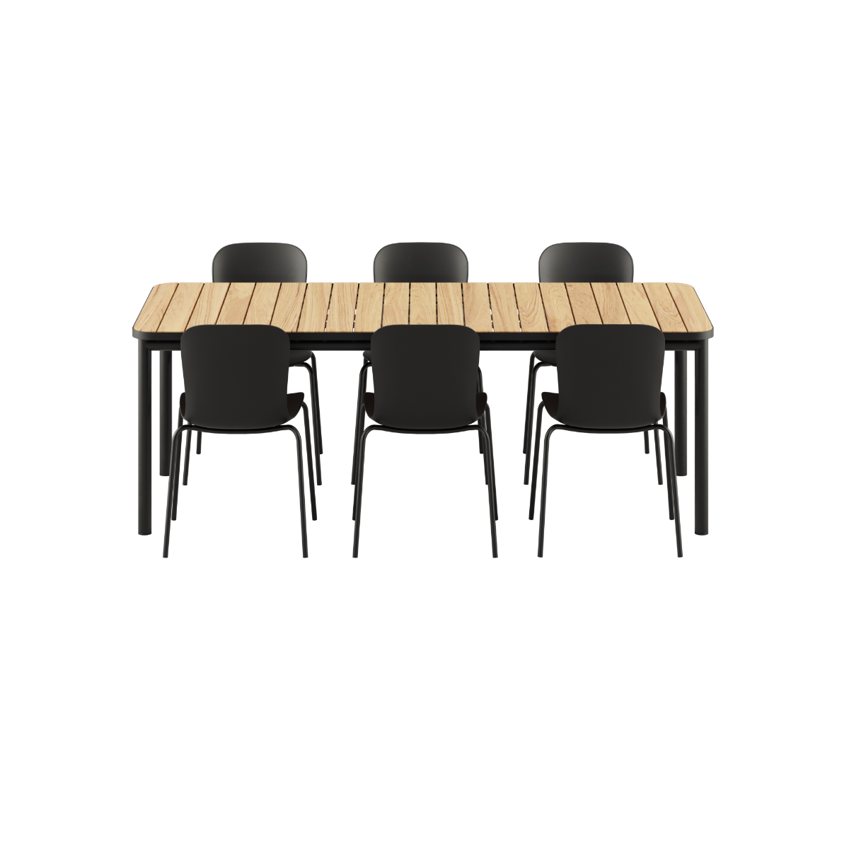 Kirra Dining Table 210x90 med pulverlakkert aluminiumsramme og teakplate, omgitt av 6 Patio Chair no. One S2 i olivengrønn og svart.
