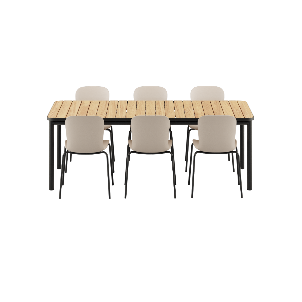 Kirra Dining Table 210x90 med pulverlakkert aluminium og ubehandlet teak, omgitt av seks Patio Chair no. One S2 i olivengrønn og svart.