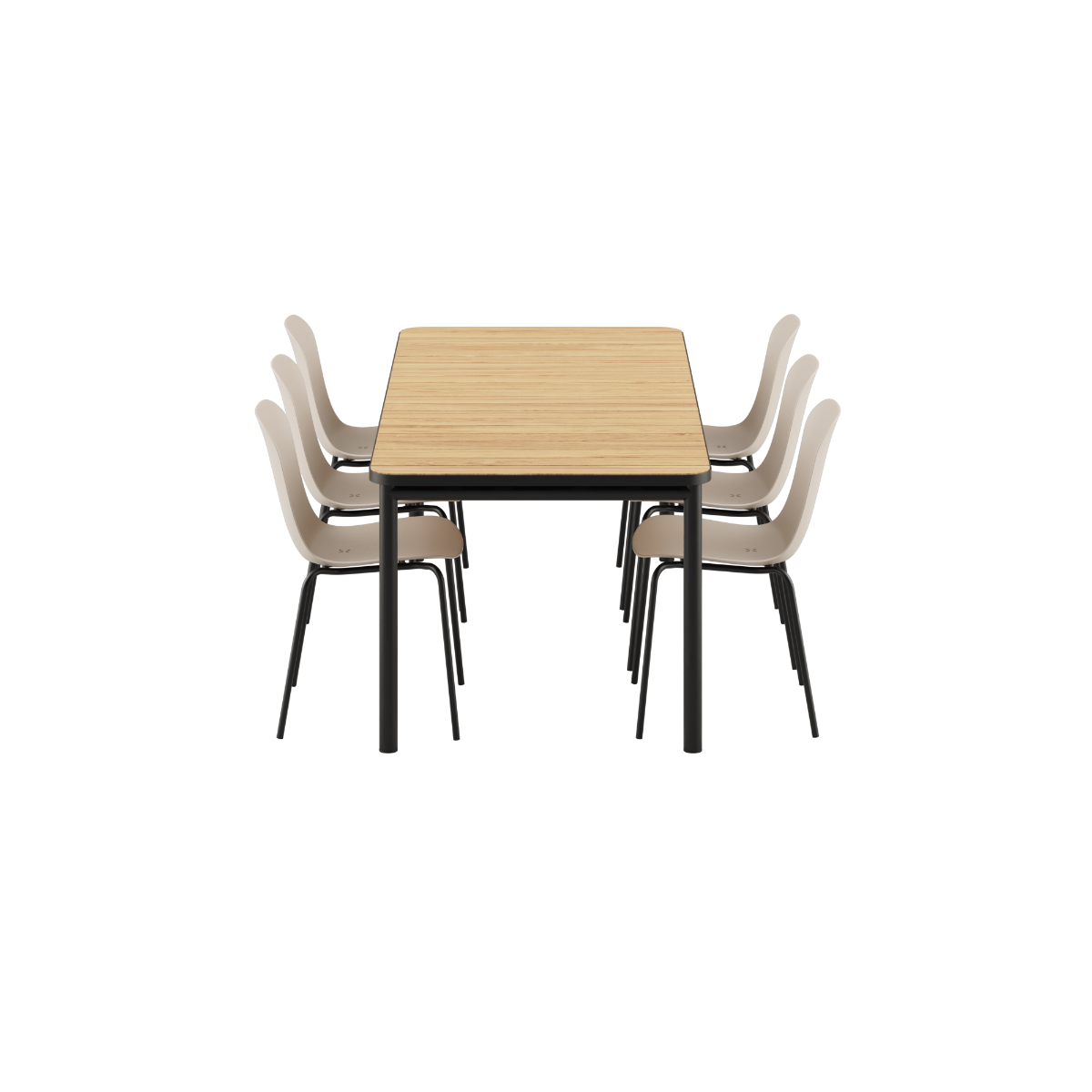 Kirra Dining Table 210x90 med pulverlakkert aluminiumsramme og ubehandlet teakplate, med 6 Patio Chair no. One S2 i olivengrønn og svart.