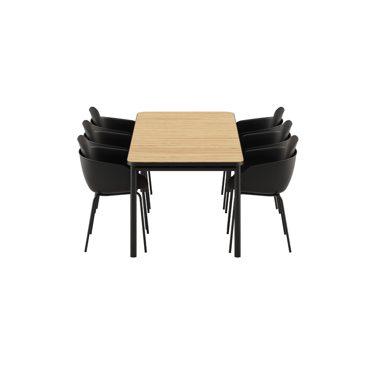 Kirra Dining Table 210x90 med pulverlakkert aluminium og teak, 6 Patio Chair no. One S2 i olivengrønn og svart.