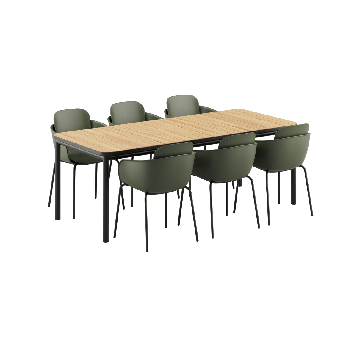 Kirra Dining Table 210x90 med pulverlakkert aluminiumsramme og teakbordplate, 6 Patio Chair no. One S2 i olive og noir.