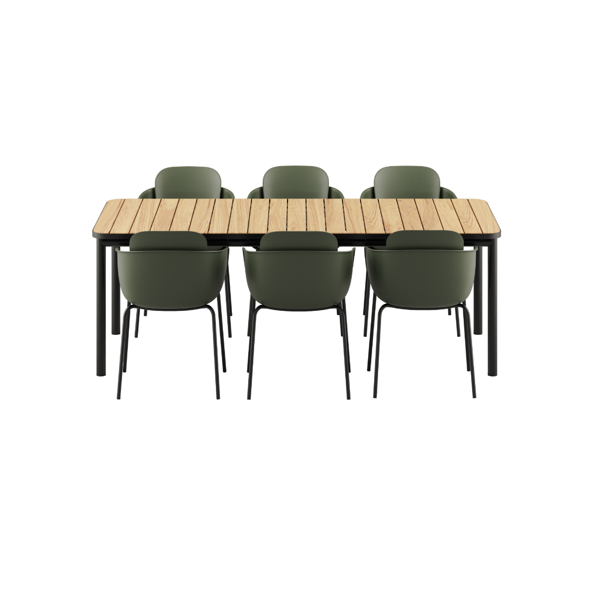 Kirra Dining Table 210x90 cm med pulverlakkert aluminiumsramme og 6 Patio Chair no. One S2 i olive og noir farger.
