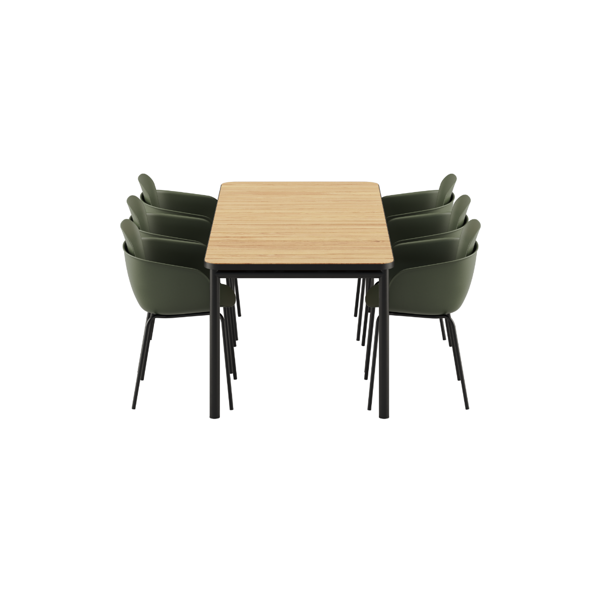 Kirra Dining Table 210x90 with Olive and Noir Patio Chair no. One S2 set on white background.