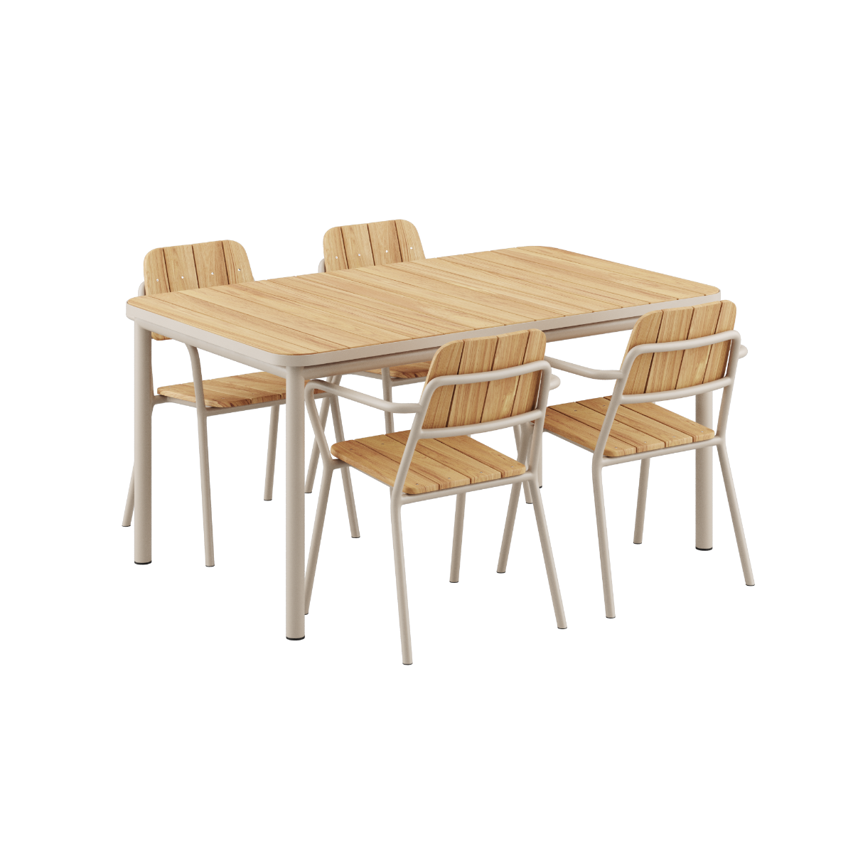 Kirra Dining Table 150x90 with Taupe Patio Chair no. One S2 chairs in taupe color, outdoor setting.
