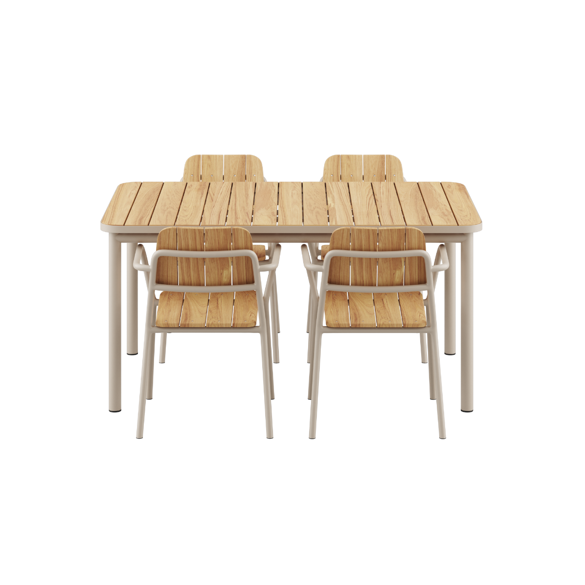 Kirra Dining Table 150x90 med taupe Patio Chair no. One S2 i taupe farge, utendørs spisebord og stoler.