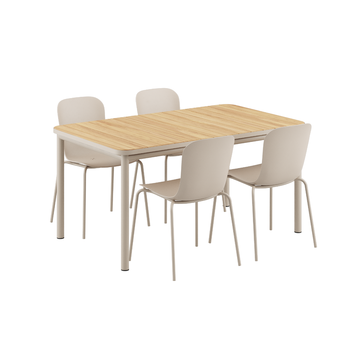 Kirra Dining Table 150x90 with Taupe Patio Chair no. One S2 chairs in taupe color.