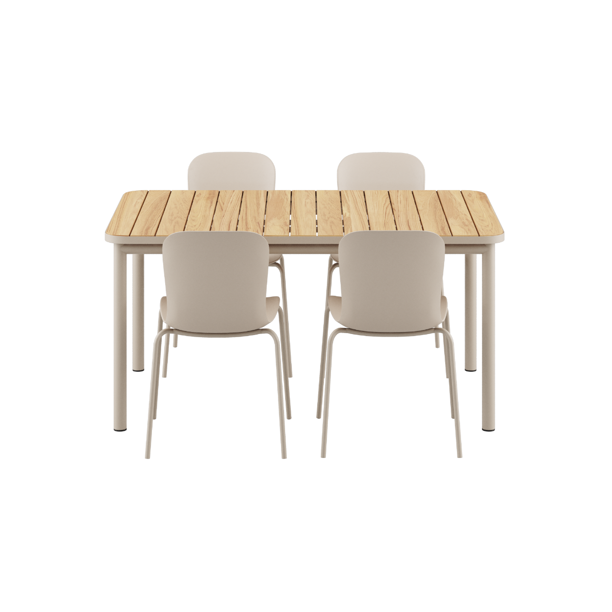Kirra Dining Table 150x90 med taupe Patio Chair no. One S2 stoler i taupe farge utendørs.