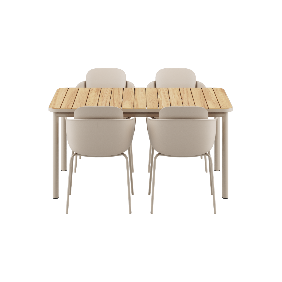 Kirra Dining Table 150x90 med Taupe Patio Chair no. One S2 stoler i taupe farge, utendørs spisebordsett.