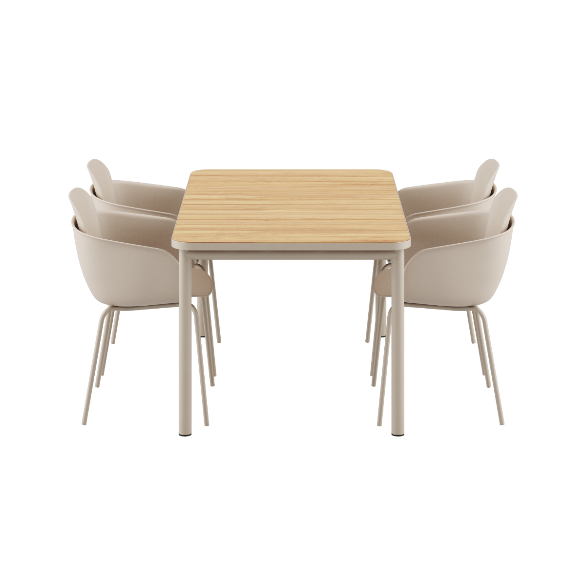 Kirra Dining Table 150x90 med taupe Patio Chair no. One S2 stoler i taupe farge utendørs.