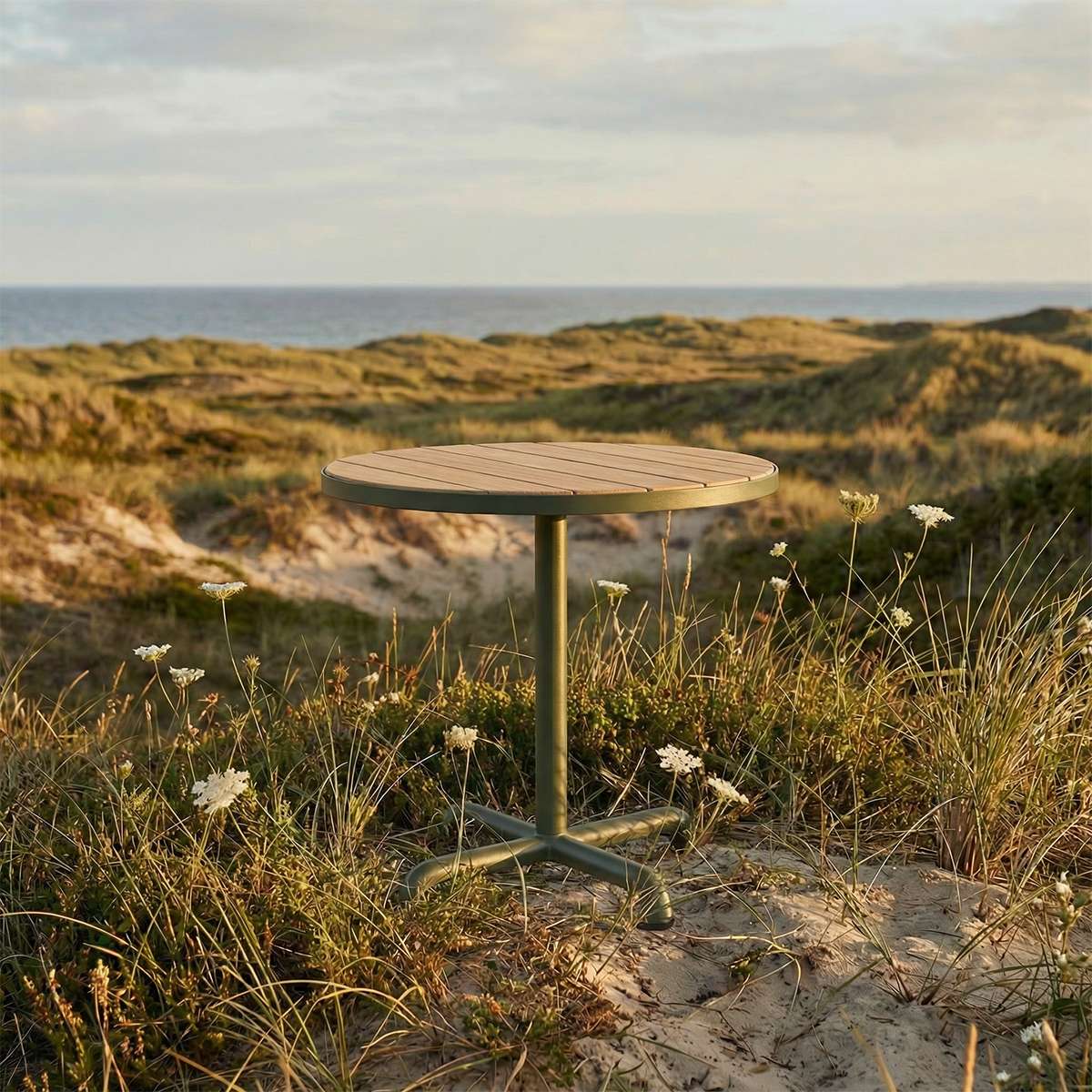 Taupe Kirra Café Table i pulverlakkert aluminium og ubehandlet teaktre, rund form, utendørs bruk.