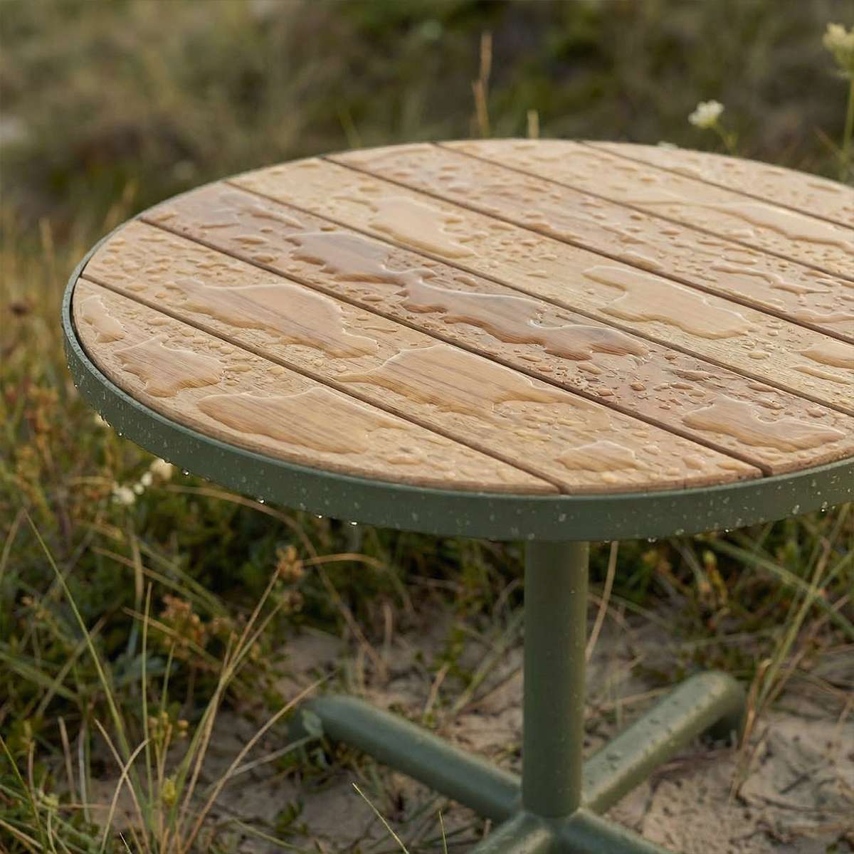 Kirra Café Table utendørs bord i pulverlakkert aluminium og ubehandlet teak med rund bordplate.