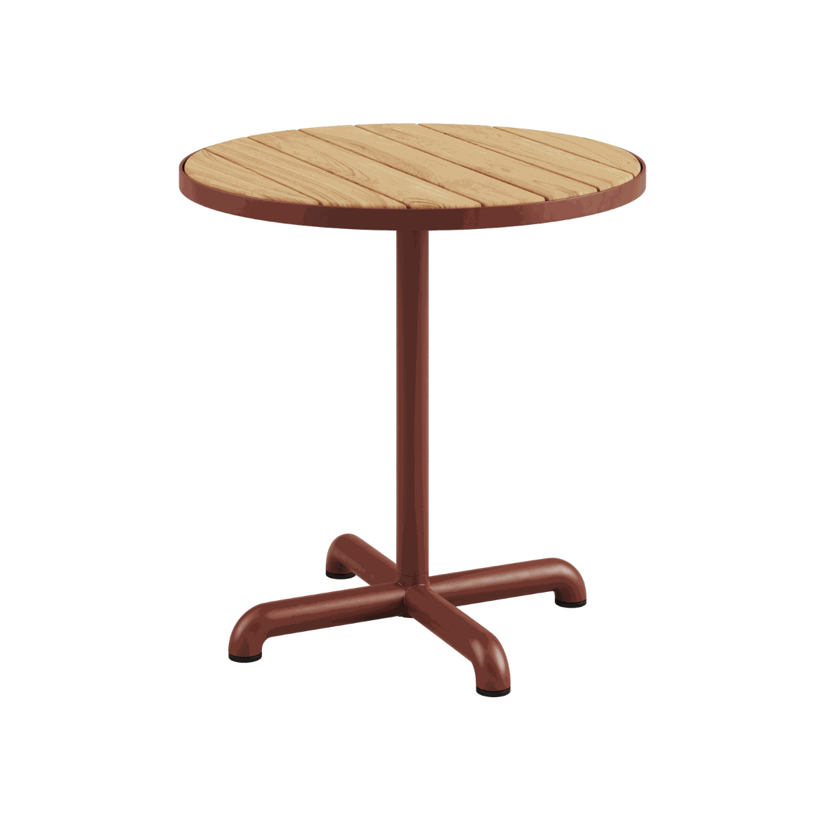 Kirra Café Table utendørs spisebord i pulverlakkert aluminium og ubehandlet teaktre med rund form.