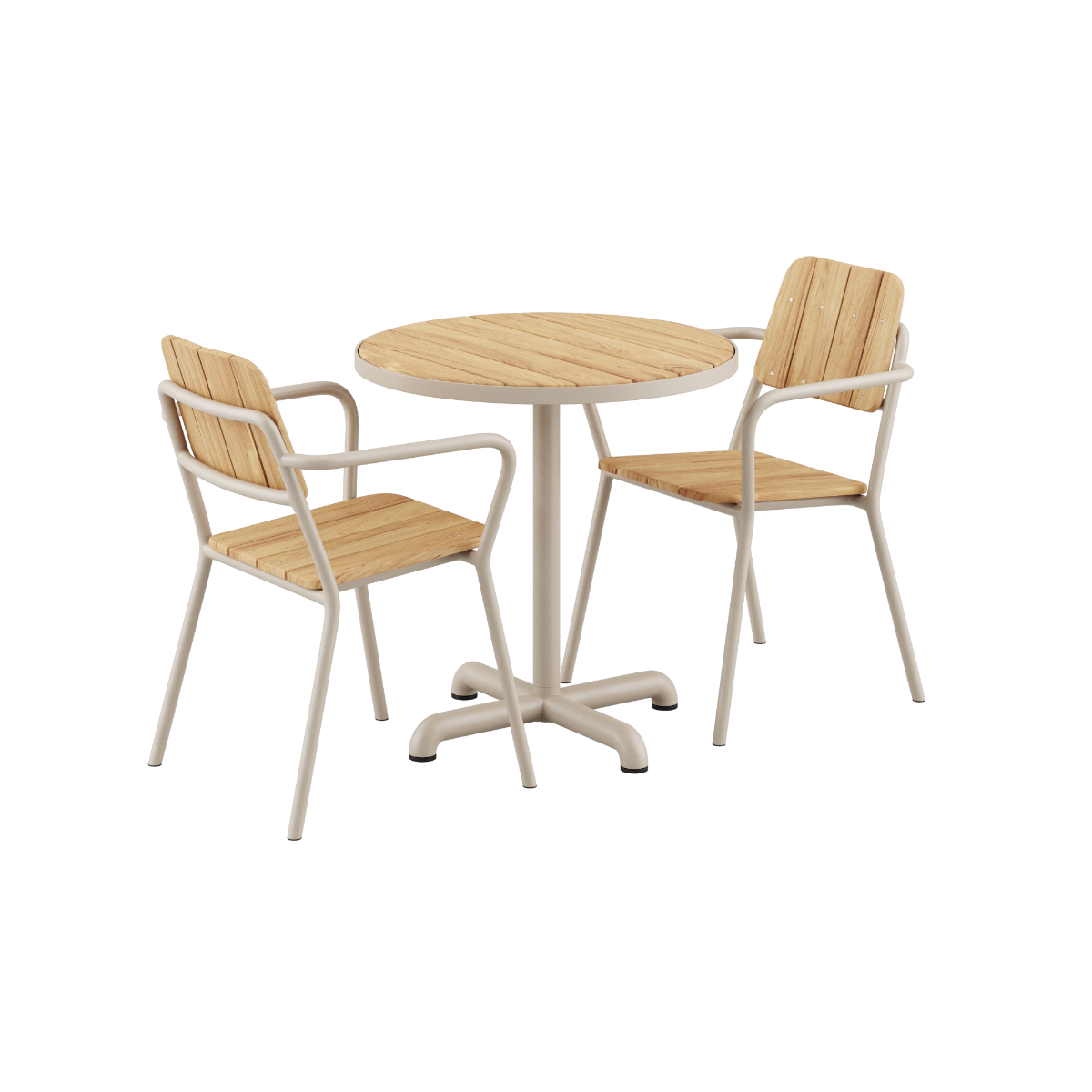 Kirra Café Table og 2 Kirra Patio Chairs i taupe farge med rund bordplate i teak og aluminiumramme.