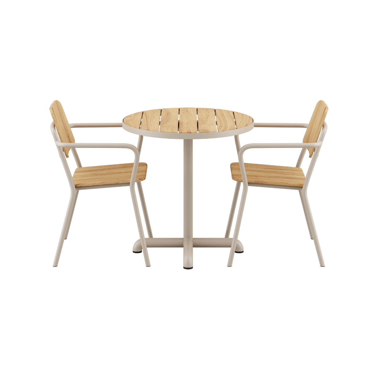 Kirra Café Table og 2 Kirra Patio Chairs i taupe farge med teakbordplate og aluminiumsramme.
