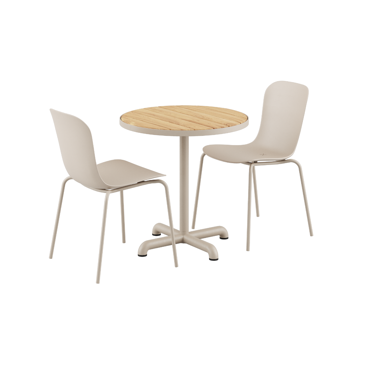 Kirra Café Table taupe med to Patio Chair no. One S1 i taupe, utendørs spisebord og stoler i moderne design.
