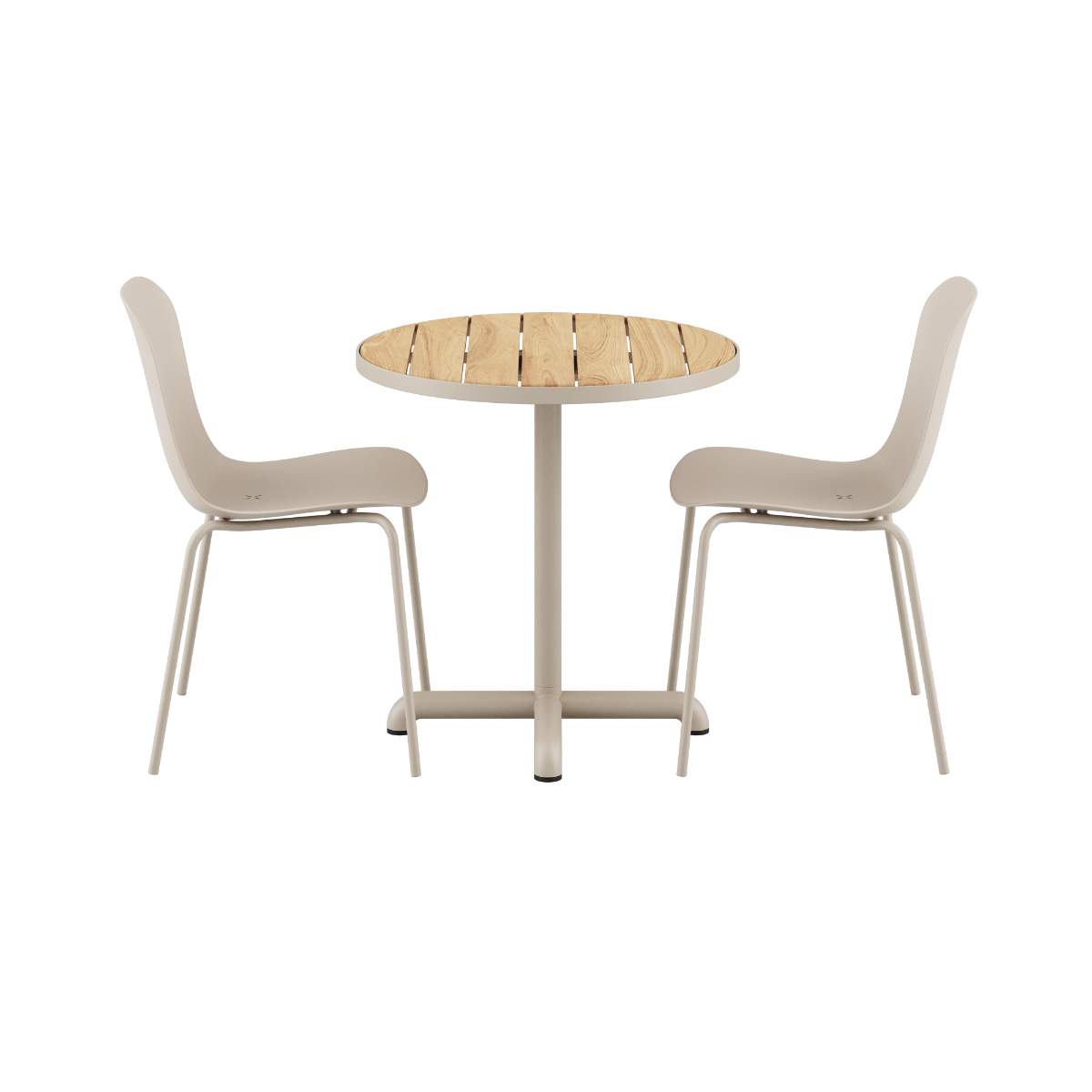 Kirra Café Table taupe med to Patio Chair no. One S2 i taupe, utendørs spisebord og stoler.