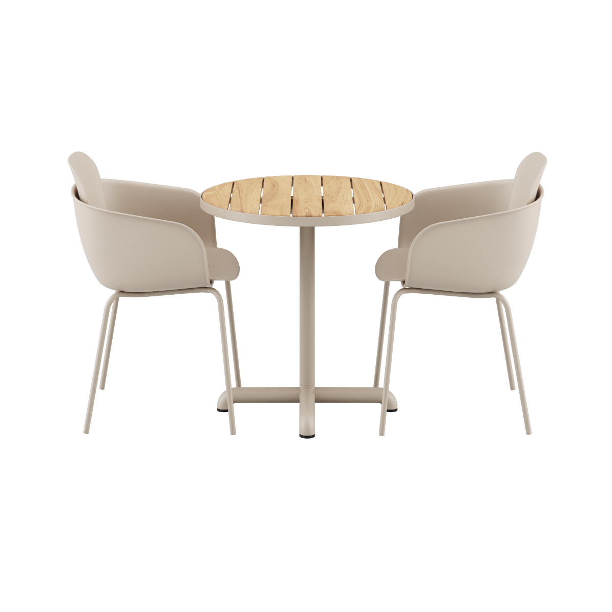 Kirra Café Table i taupe med to Patio Chair no. One S2 stoler i samme farge, utendørs spisebordsett.