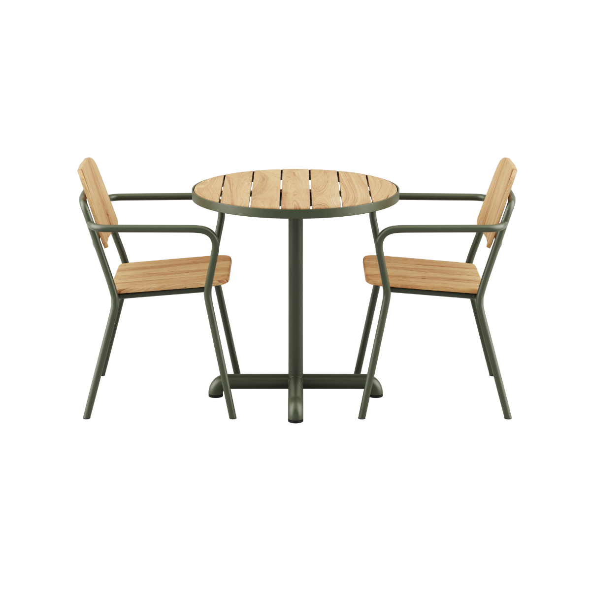 Kirra Café Table og 2 Kirra Patio Chair i olivengrønn med pulverlakkert aluminium og teak, utendørs sett.
