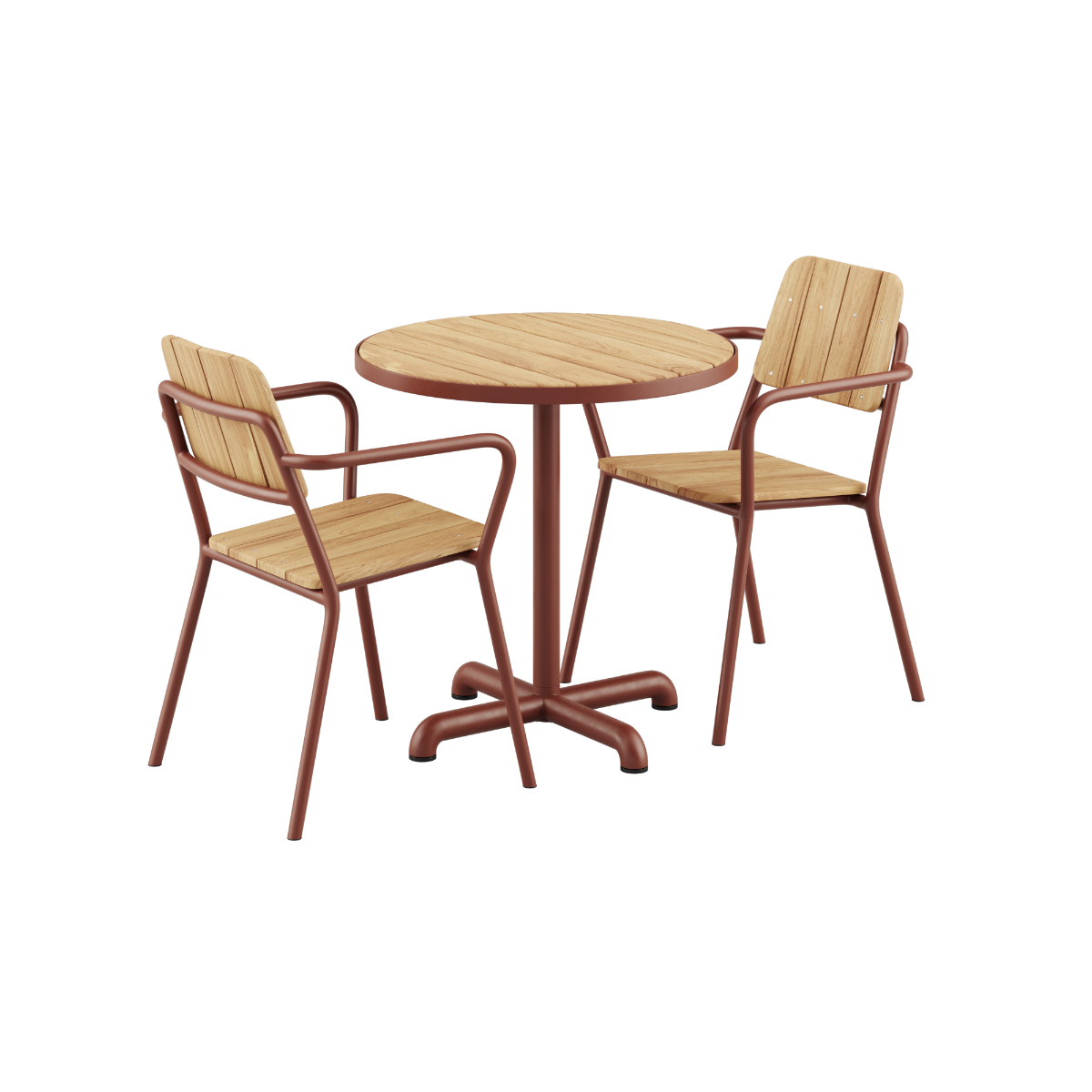sackit Kirra cafésett med rundt utebord og to teakstoler i nordisk design for balkong terrasse eller hage