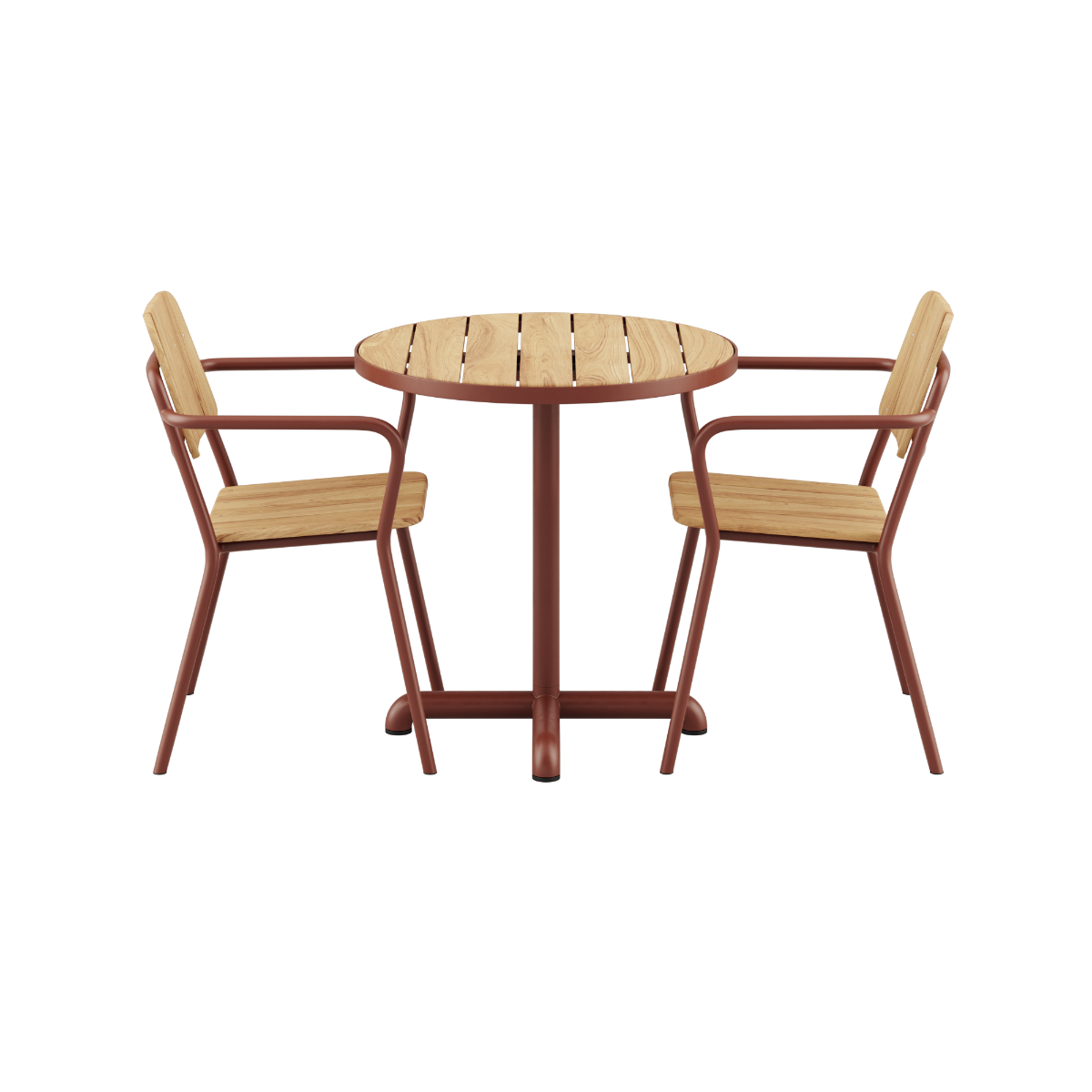 Kirra Café Table og 2 Kirra Patio Chairs i chestnut farge med teak bordplate og pulverlakkert aluminium.