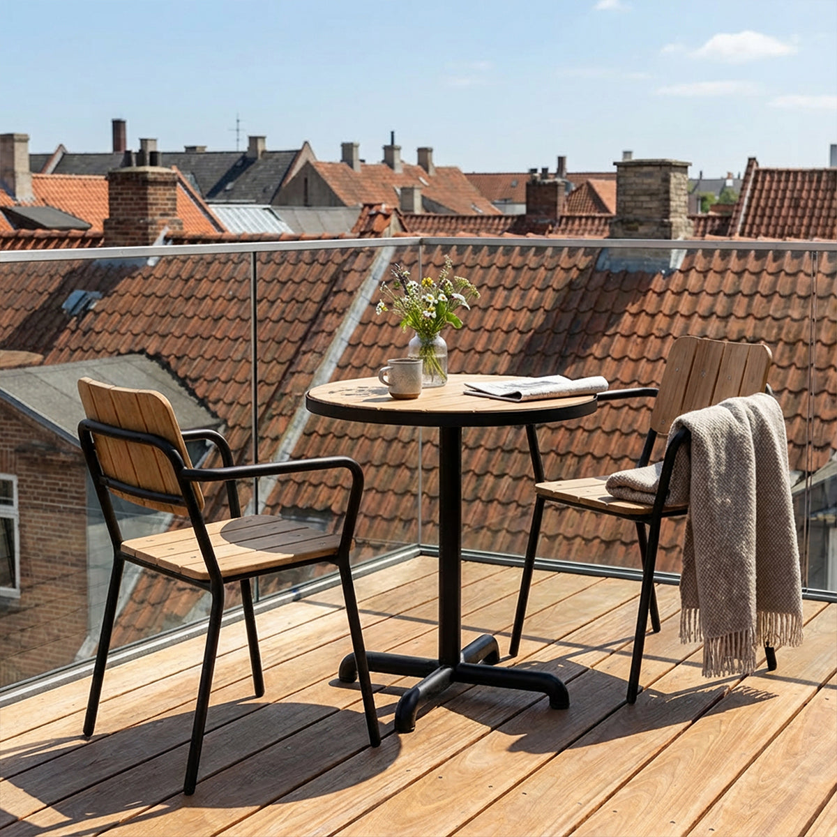 Kirra Cafe Table & 2 Kirra Patio Chair - Utendørs cafésett for 2 personer i teak og aluminium