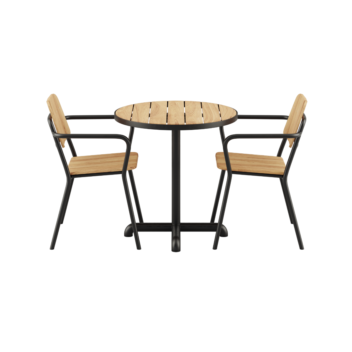 Kirra Café Table og 2 Kirra Patio Chairs i pulverlakkert aluminium og teak i fargen Noir.